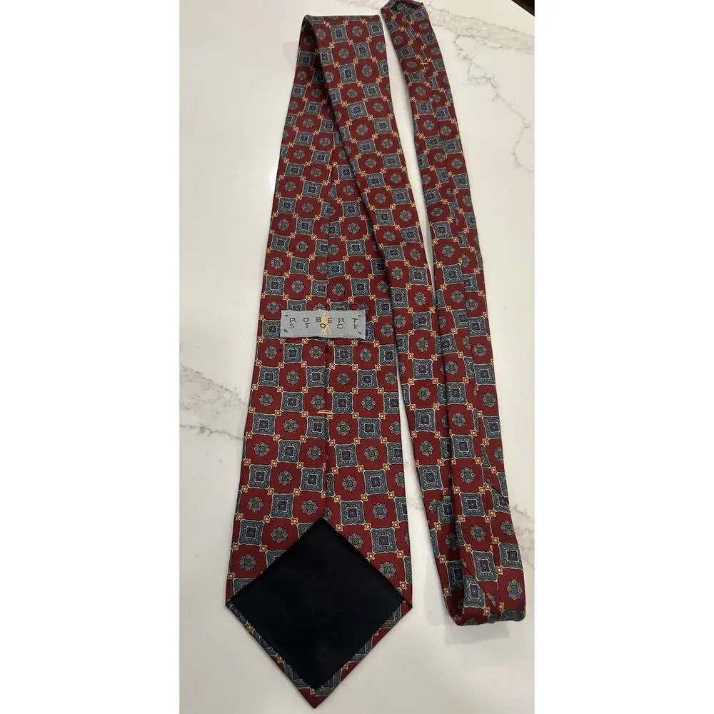 Vtg ROBERT Stock Men's Red Blue Geometric Silk Tie 3.75” Necktie‎ USA